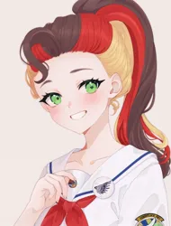 Size: 914x1200 | Tagged: safe, artist:purloid, derpibooru import, oc, oc:anja snow, human, pegasus, anime, bust, clothes, cosplay, costume, cutie mark, high school fleet, humanized, image, jpeg, pegasus oc, pins, portrait, school uniform, smiling, wings