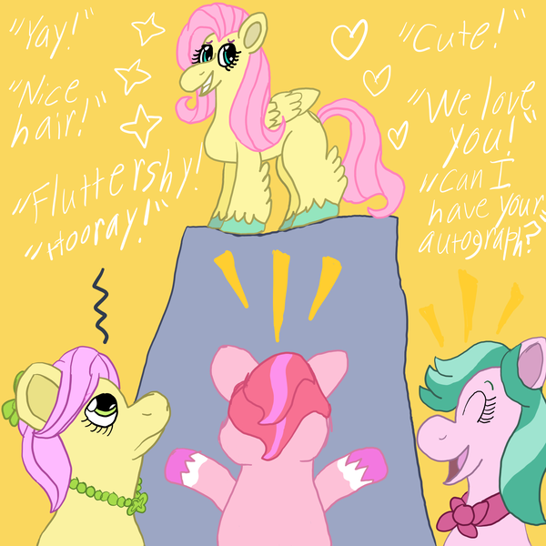 Size: 1500x1500 | Tagged: safe, artist:mintwhistle, derpibooru import, fluttershy, posey (g5), earth pony, pegasus, pony, g5, annoyed, atg 2023, back of head, bow, captivated, cheering, clothes, coat markings, colored, colored hooves, dahlia, disguise, disguised changeling, emanata, evil grin, eyes closed, feathered fetlocks, female, flat colors, folded wings, g4, g4 to g5, generation leap, grin, group, hair bow, heart, image, irritated, jewelry, mare, medibang paint, necklace, newbie artist training grounds, open mouth, open smile, png, posey bloom is not amused, praise, quartet, quote, scarf, simple background, smiling, smug, socks (coat marking), sparkles, unamused, unshorn fetlocks, windy (g5), wings, yellow background