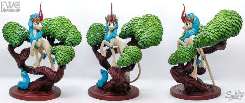 Size: 1600x676 | Tagged: safe, artist:ewc workshop, artist:sunny way, derpibooru import, rain shine, kirin, pony, 3d print, art, artwork, craft, feral, figurine, full body, happy, hooves, horn, image, irl, jewelry, leaves, my little pony, painting, photo, png, queen, regalia, sculpture, smiling, solo, statue, tail, tree