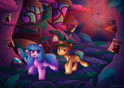 Size: 4500x3182 | Tagged: safe, artist:madelinne, derpibooru import, hitch trailblazer, izzy moonbow, earth pony, unicorn, g5, background, duo, forest, hat, image, missing poster, nature, png, poster, red light, tree, walking, window