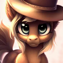 Size: 1024x1024 | Tagged: safe, derpibooru import, machine learning generated, applejack, earth pony, pony, ai content, bust, cowboy hat, ear fluff, fluffy, generator:dall-e 2, hat, image, jpeg, looking at you, portrait, serious, simple background, solo, stern, white background