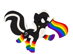 Size: 1051x781 | Tagged: safe, artist:euspuche, derpibooru import, oc, oc:zenawa skunkpony, unofficial characters only, earth pony, hybrid, pony, skunk, skunk pony, animated, chest fluff, clothes, dancing, eyes closed, flag, flag waving, gay, gay pride, gay pride flag, gif, happy, image, male, mouth hold, pride, pride flag, pride month, rainbow socks, raised leg, raised tail, simple background, socks, solo, stallion, striped socks, tail, transparent background