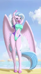 Size: 720x1280 | Tagged: suggestive, alternate version, artist:leopon276, derpibooru import, silverstream, anthro, hippogriff, unguligrade anthro, arms in the air, bare midriff, beach, beak, belly, belly button, blue eyes, clothes, day, eyebrows, eyelashes, eyeliner, feather, feathered wings, female, hips, hooves, image, looking at you, makeup, midriff, one-piece swimsuit, open mouth, outdoors, png, sand, solo, stretching, swimsuit, tail, thighs, two toned hair, two toned tail, waist, water, wings