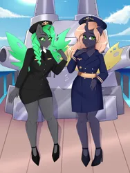 Size: 3000x4000 | Tagged: artist needed, safe, derpibooru import, changeling queen oc, oc, oc:recina, anthro, changeling, changeling queen, admiral, anthro oc, battleship, clothes, female, females only, high heels, image, jpeg, military uniform, shoes, skirt, uniform