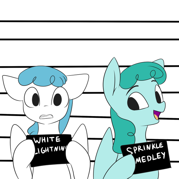 Size: 2000x2000 | Tagged: safe, artist:fv0003, derpibooru import, lightning bolt, white lightning, pegasus, pony, barbie mugshot meme, duo, female, image, mare, meme, mugshot, png, spinkle medley