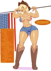 Size: 990x1383 | Tagged: suggestive, artist:khreis, derpibooru import, applejack, human, abs, american flag, applejack's hat, applejacked, armpits, belly button, bimbo, bimbo jack, boots, breasts, busty applejack, clothes, cowboy boots, cowboy hat, dialogue, erect nipples, female, finger, fingers, flag, hat, high heel boots, high heels, humanized, image, looking at you, muscles, png, shoes, simple background, solo, solo female, talking to viewer, text, white background