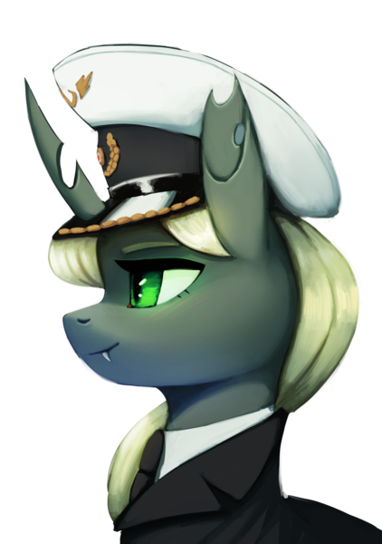 Size: 2000x2846 | Tagged: safe, artist:mrscroup, derpibooru import, oc, oc:recina, unofficial characters only, changeling, equestria at war mod, blushing, bust, changeling oc, clothes, fangs, image, png, portrait, solo