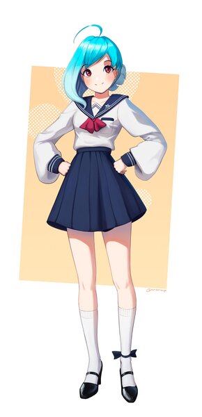 Size: 990x2048 | Tagged: safe, artist:mrscroup, derpibooru import, oc, oc:karina, human, unicorn, barely pony related, clothes, cutie mark, high heels, horn, humanized, image, jpeg, pin, sailor uniform, school uniform, shoes, skirt, smiling, socks, unicorn oc, uniform