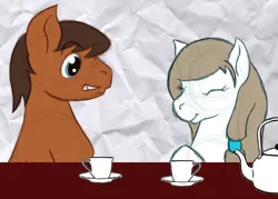 Size: 1050x750 | Tagged: safe, artist:jitterbug-cafe, derpibooru import, oc, oc:dusty (jitterbug-cafe), oc:mayia, unofficial characters only, pegasus, pony, cup, female, image, jpeg, male, mare, stallion, teacup