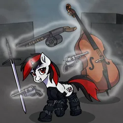 Size: 2000x2000 | Tagged: safe, artist:artevi, derpibooru import, oc, oc:blackjack, unofficial characters only, pony, unicorn, fallout equestria, fallout equestria: project horizons, amputee, atg 2023, augmented, contrabass, cyber eyes, double bass, fanfic art, female, gun, handgun, horn, image, level 2 (project horizons), magic, mare, musical instrument, newbie artist training grounds, png, prosthetic limb, prosthetics, revolver, robot legs, shotgun, small horn, smiling, solo, sword, telekinesis, weapon