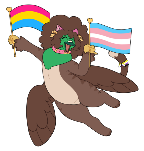 Size: 1401x1470 | Tagged: safe, artist:greenarsonist, derpibooru import, oc, oc:frizz, unofficial characters only, gryphon, bow, cat ears, catboy, chubby, collar, flag, fluffy hair, flying, griffon oc, image, male, nonbinary, nonbinary pride flag, pansexual, pansexual pride flag, png, pride, pride flag, pride month, simple background, smiling, solo, trans male, transgender, transgender pride flag, transparent background, wings