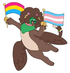Size: 1401x1470 | Tagged: safe, artist:greenarsonist, derpibooru import, oc, oc:frizz, unofficial characters only, gryphon, bow, cat ears, catboy, chubby, collar, flag, fluffy hair, flying, griffon oc, image, male, nonbinary, nonbinary pride flag, pansexual, pansexual pride flag, png, pride, pride flag, pride month, simple background, smiling, solo, trans male, transgender, transgender pride flag, transparent background, wings