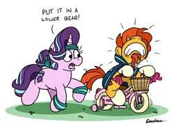Size: 2328x1687 | Tagged: safe, artist:bobthedalek, derpibooru import, starlight glimmer, sunburst, pony, unicorn, atg 2023, bicycle, dialogue, duo, exercise, female, gritted teeth, image, male, mare, newbie artist training grounds, nose in the air, png, simple background, stallion, straining, sweatband, teeth, training wheels, tricycle, white background
