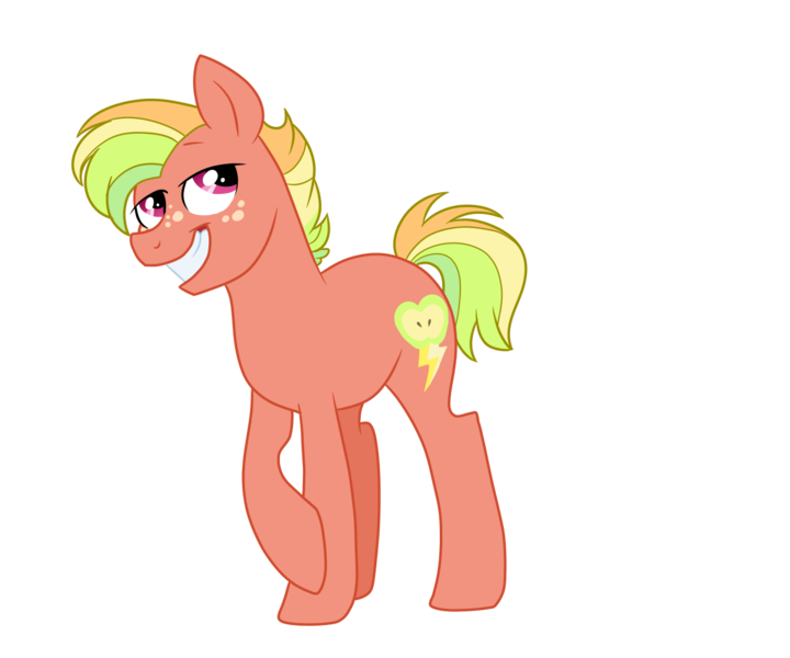 Size: 1200x1000 | Tagged: safe, artist:bishopony, derpibooru import, oc, earth pony, pony, colt, earth pony oc, foal, freckles, grin, image, male, offspring, parent:big macintosh, parent:rainbow dash, parents:rainbowmac, png, simple background, smiling, solo, transparent background