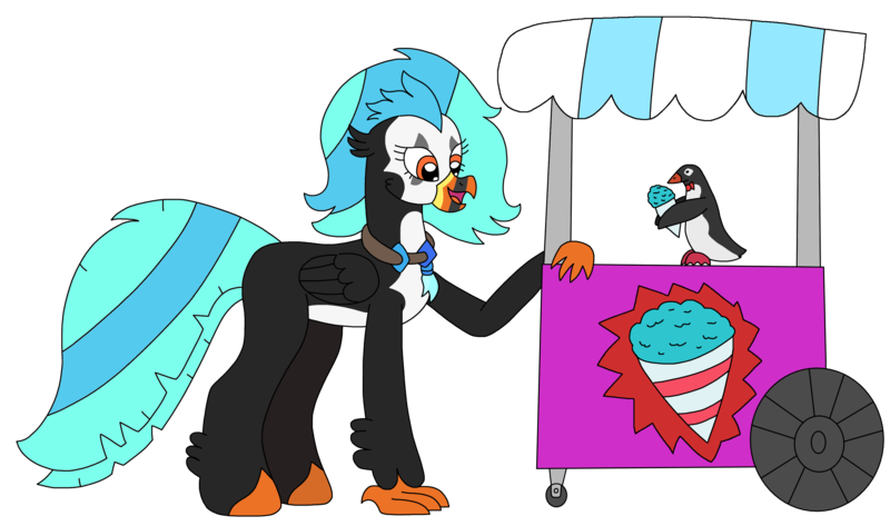 Size: 3181x1879 | Tagged: safe, artist:supahdonarudo, derpibooru import, oc, oc:icebeak, unofficial characters only, bird, classical hippogriff, hippogriff, penguin, atg 2023, bowtie, food, food stand, holding, image, jewelry, necklace, newbie artist training grounds, png, simple background, snowcone, transparent background