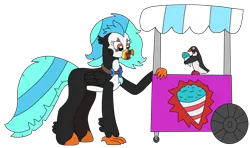 Size: 3181x1879 | Tagged: safe, artist:supahdonarudo, derpibooru import, oc, oc:icebeak, unofficial characters only, bird, classical hippogriff, hippogriff, penguin, atg 2023, bowtie, food, food stand, holding, image, jewelry, necklace, newbie artist training grounds, png, simple background, snowcone, transparent background