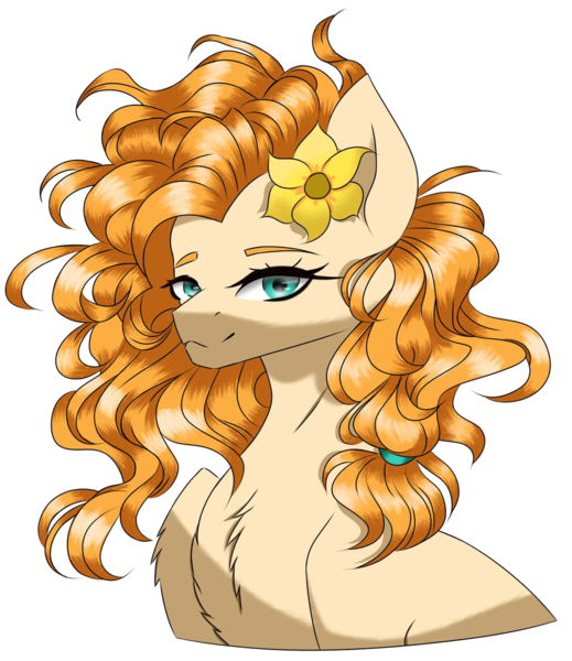 Size: 887x1026 | Tagged: artist needed, safe, derpibooru import, pear butter, earth pony, pony, 2d, cyan eyes, deviantart link, female, flower, flower in hair, g4, image, looking left, mare, orange mane, orange skin, png, simple background, transparent background