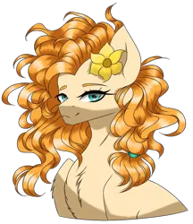 Size: 887x1026 | Tagged: artist needed, safe, derpibooru import, pear butter, earth pony, pony, 2d, cyan eyes, deviantart link, female, flower, flower in hair, g4, image, looking left, mare, orange mane, orange skin, png, simple background, transparent background