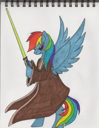 Size: 1696x2200 | Tagged: safe, artist:onixlordofdragons, derpibooru import, rainbow dash, pegasus, pony, bipedal, clothes, hoof hold, image, jedi, jpeg, lightsaber, old art, robe, simple background, solo, star wars, traditional art, weapon, white background