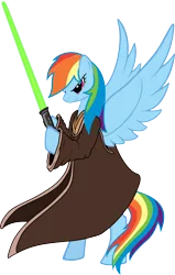 Size: 3827x6000 | Tagged: safe, artist:fabulouspony, artist:onixlordofdragons, derpibooru import, edit, rainbow dash, pegasus, pony, absurd resolution, bipedal, clothes, hoof hold, image, jedi, lightsaber, old art, png, robe, simple background, solo, star wars, transparent background, vector, weapon