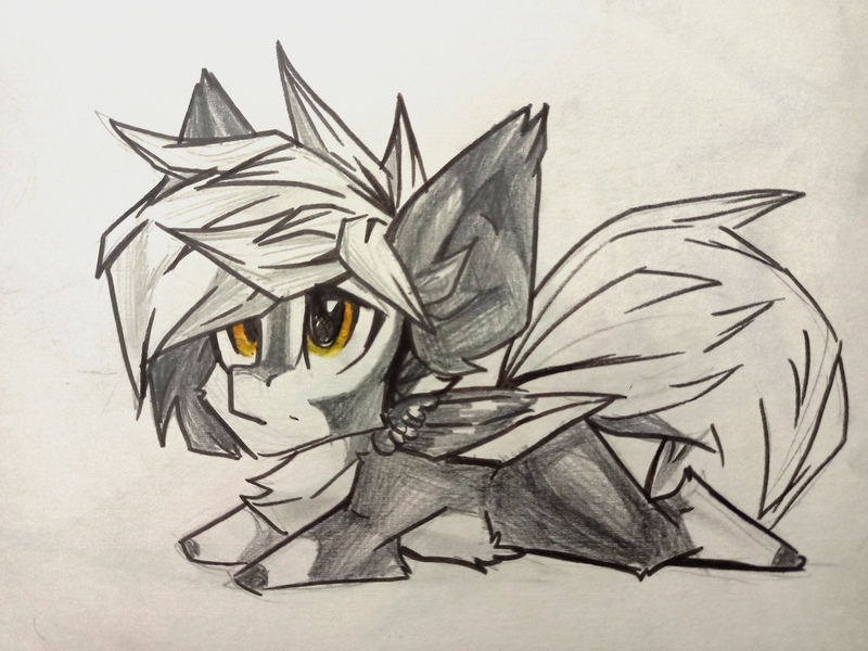 Size: 2560x1920 | Tagged: safe, artist:tlen borowski, derpibooru import, oc, oc:deka, unofficial characters only, pegasus, pony, chest fluff, chibi, colored wings, image, jpeg, lying down, pegasus oc, prone, sketch, traditional art, two toned coat, two toned mane, two toned wings, wings