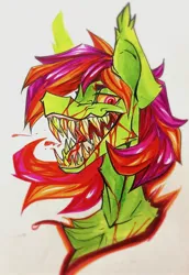 Size: 1484x2160 | Tagged: semi-grimdark, artist:tlen borowski, derpibooru import, oc, unofficial characters only, blood, bust, chest fluff, ear fluff, fangs, image, jpeg, looking at you, open mouth, portrait, traditional art