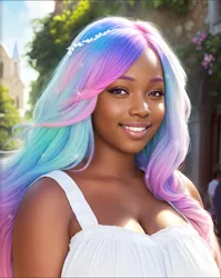 Size: 1023x1282 | Tagged: safe, derpibooru import, machine learning generated, princess celestia, human, ai content, au:eqcl, big breasts, breasts, bust, busty princess celestia, cleavage, dark skin, huge breasts, humanized, image, png, purple eyes, realistic, solo, white dress, windswept hair