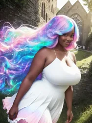 Size: 768x1024 | Tagged: safe, derpibooru import, machine learning generated, princess celestia, human, ai content, au:eqcl, big breasts, breasts, bust, busty princess celestia, cleavage, dark skin, huge breasts, humanized, image, png, purple eyes, realistic, solo, white dress, windswept hair