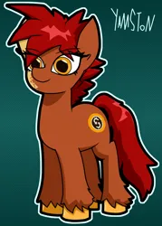 Size: 952x1332 | Tagged: safe, artist:yamston, derpibooru import, oc, oc:kelmoon, earth pony, pony, 2023, birth mark, brown coat, earth pony oc, female, hooves, image, living the dream, mare, png, red hair, simple background, solo, spiky mane, yellow eyes