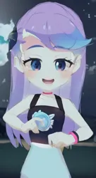 Size: 384x704 | Tagged: safe, artist:rainbowstarcolour262, derpibooru import, machine learning generated, snow flower, human, equestria girls, equestria girls series, let it rain, spoiler:eqg series (season 2), :d, ai content, blushing, choker, clothes, cute, dyed hair, female, generator:pinegraph, happy, image, long skirt, midriff, open mouth, open smile, png, skirt, smiling, snowdorable, solo, tanktop, wristband