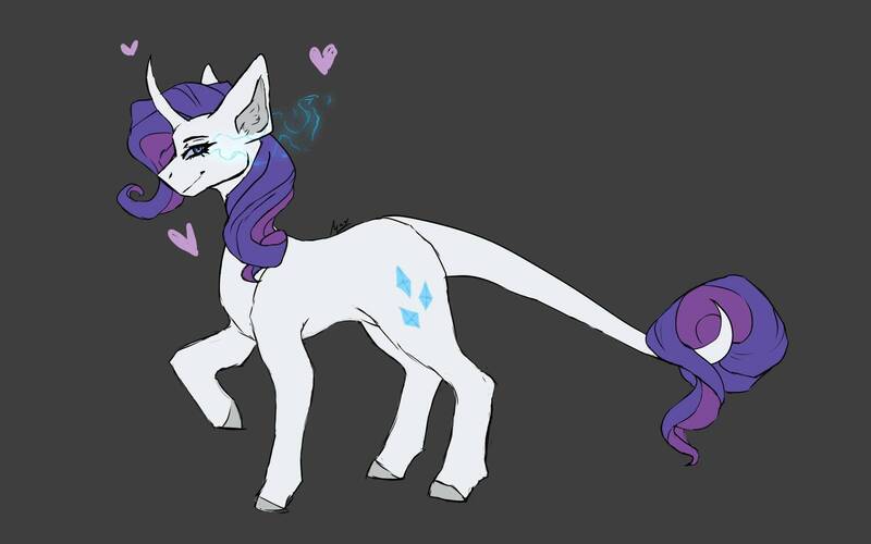 Size: 1600x1000 | Tagged: safe, artist:m0thexrene, derpibooru import, rarity, classical unicorn, pony, unicorn, cloven hooves, female, gray background, heart, horn, image, jpeg, leonine tail, looking at you, magic, mare, profile, raised hoof, redesign, signature, simple background, smiling, solo, unshorn fetlocks