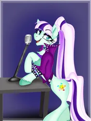 Size: 1111x1481 | Tagged: safe, artist:catanymoon, derpibooru import, coloratura, earth pony, pony, countess coloratura, female, image, jpeg, mare, microphone, purple background, simple background, solo, table