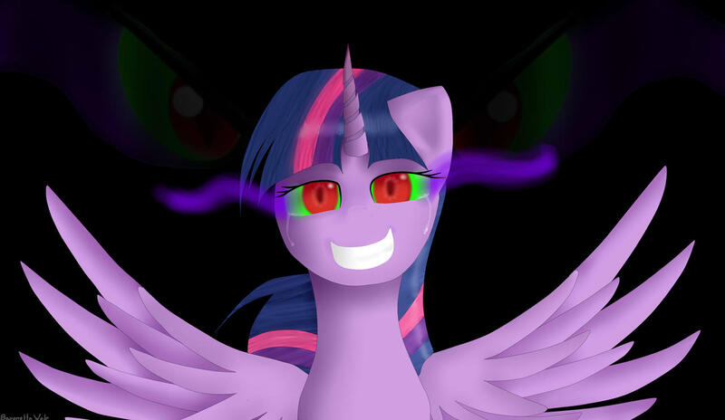 Size: 1280x742 | Tagged: safe, artist:harmonyvsinsanity, derpibooru import, king sombra, twilight sparkle, twilight sparkle (alicorn), alicorn, pony, umbrum, unicorn, black background, corrupted, corrupted twilight sparkle, crying, dark magic, duo, image, implied king sombra, implied shipping, implied twibra, jpeg, magic, mind control, possessed, possession, signature, simple background, sombra eyes, spread wings, tears of pain, wings