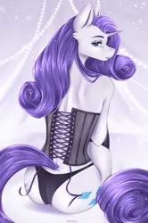 Size: 1765x2651 | Tagged: suggestive, artist:mparoll, derpibooru import, rarity, anthro, unicorn, abstract background, ass, butt, clothes, corset, female, image, lipstick, looking at you, looking back, looking back at you, panties, png, rearity, signature, sitting, smiling, solo, solo female, thong, underwear