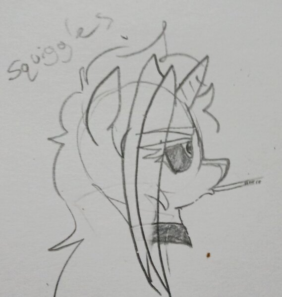 Size: 1994x2103 | Tagged: safe, artist:pony quarantine, derpibooru import, oc, oc:dyx, unofficial characters only, alicorn, pony, bust, cigarette, eye clipping through hair, female, filly, foal, gray background, grayscale, image, jpeg, monochrome, pencil drawing, profile, simple background, traditional art