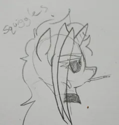 Size: 1994x2103 | Tagged: safe, artist:pony quarantine, derpibooru import, oc, oc:dyx, unofficial characters only, alicorn, pony, bust, cigarette, eye clipping through hair, female, filly, foal, gray background, grayscale, image, jpeg, monochrome, pencil drawing, profile, simple background, traditional art