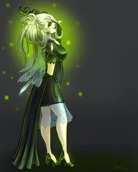 Size: 1024x1280 | Tagged: semi-grimdark, artist:mikakitty, derpibooru import, queen chrysalis, human, aside glance, clothes, commission, dark background, dress, drill hair, ear piercing, earring, eyebrows, eyebrows visible through hair, female, gloves, glow, gradient background, green background, green lipstick, green magic, high heels, humanized, image, jewelry, jpeg, knife, lipstick, looking at you, magic glow, piercing, playing with hair, shoes, sideways glance, simple background, smiling, solo, standing, tattered, tattered wings, wings