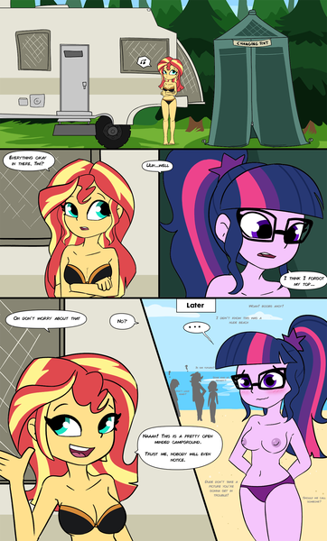 Size: 1320x2186 | Tagged: questionable, artist:tjpones, derpibooru import, sci-twi, sunset shimmer, twilight sparkle, human, equestria girls, ..., arm behind back, beach, belly button, bikini, bikini bottom, blushing, breasts, busty sunset shimmer, busty twilight sparkle, cleavage, clothes, colored, comic, dialogue, duo focus, embarrassed, embarrassed nude exposure, exhibitionism, female, females only, glasses, grin, image, nervous, nervous grin, nipples, nudity, partial nudity, png, public nudity, smiling, speech bubble, swimsuit, talking, tent, topless, trailer, wavy mouth