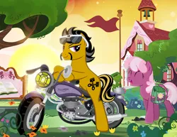 Size: 900x695 | Tagged: safe, artist:pixelkitties, derpibooru import, cheerilee, oc, oc:dusty katt, earth pony, pony, bag, crossed hooves, earth pony oc, facial hair, female, flower, image, male, mare, motorcycle, png, ponyville schoolhouse, saddle bag, smiling, stallion, sunglasses, sunglasses on head, triumph