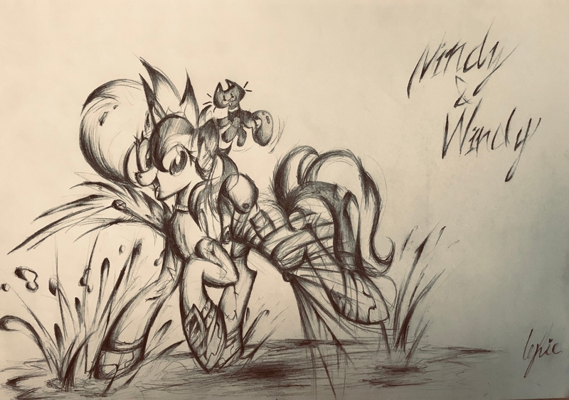 Size: 3793x2667 | Tagged: safe, artist:lydia, derpibooru import, oc, oc:windy／painting heart, unofficial characters only, cat, pony, unicorn, fallout equestria, clothes, fallout, female, image, jpeg, liquid, looking at you, machinery, open mouth, paper, pencil, pencil drawing, running, sketch, smiling, smiling at you, solo, splash, traditional art, virtual reality, water