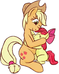 Size: 678x846 | Tagged: safe, artist:xppp1n, derpibooru import, apple bloom, applejack, earth pony, pony, apple sisters, applejack's hat, blank flank, cowboy hat, duo, duo female, female, filly, foal, hat, hug, image, mare, png, siblings, simple background, sisters, sitting, transparent background