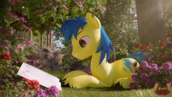 Size: 3840x2160 | Tagged: safe, artist:loveslove, derpibooru import, oc, oc:flash gordon, unofficial characters only, pony, unicorn, 3d, book, day, flower, forest, grass, high res, horn, image, looking at something, male, outdoors, png, reading, smiling, solo, tree, unicorn oc