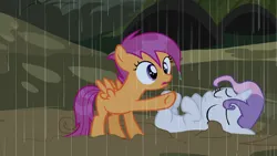 Size: 1920x1080 | Tagged: safe, derpibooru import, screencap, scootaloo, sweetie belle, pegasus, pony, unicorn, appleoosa's most wanted, duo, eyes closed, female, filly, foal, image, lying down, mud, on back, open mouth, outdoors, png, rain, raised hoof, wet, wet mane, wet mane scootaloo