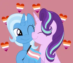 Size: 3000x2609 | Tagged: safe, artist:squipycheetah, derpibooru import, starlight glimmer, trixie, pony, unicorn, cute, eyes closed, female, flag, happy, headcanon, image, lesbian, lesbian pride flag, mare, nuzzling, one eye closed, pink background, png, pride, pride flag, shipping, simple background, smiling, startrix, trans trixie, transgender, transgender pride flag