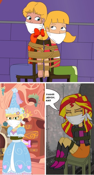 Size: 2178x4035 | Tagged: safe, artist:robukun, derpibooru import, applejack, megan williams, sunset shimmer, human, equestria girls, g1, bondage, bound and gagged, cloth gag, clothes, damsel in distress, dress, ear piercing, flower, flower in hair, froufrou glittery lacy outfit, gag, hat, hennin, humanized, image, jpeg, penny gadget, piercing, princess, princess applejack, tied to chair, tied up