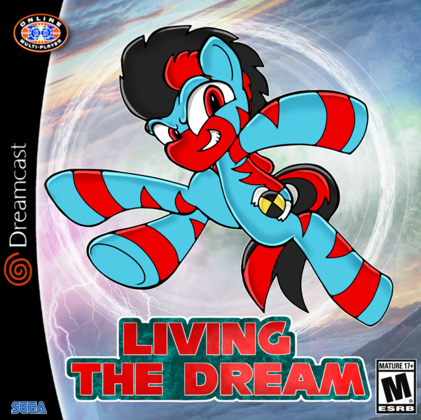 Size: 1428x1426 | Tagged: safe, artist:yamston, derpibooru import, oc, oc:lance greenfield, unofficial characters only, zebra, 2023, black hair, blue coat, cutie mark, dreamcast, image, living the dream, male, meme, png, pose, red eyes, red stripes, solo, sonic the hedgehog (series), stripes, tail, zebra oc