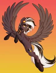 Size: 2564x3333 | Tagged: safe, artist:mxiiisy, derpibooru import, oc, oc:zephyr corax, oc:zephyrai, unofficial characters only, pegasus, :p, accessory, bandana, black and white mane, coat markings, cutie mark, flying, full body, gray coat, image, looking at you, png, simple background, socks (coat marking), solo, spread wings, tongue out, two toned coat, wings, yellow eyes