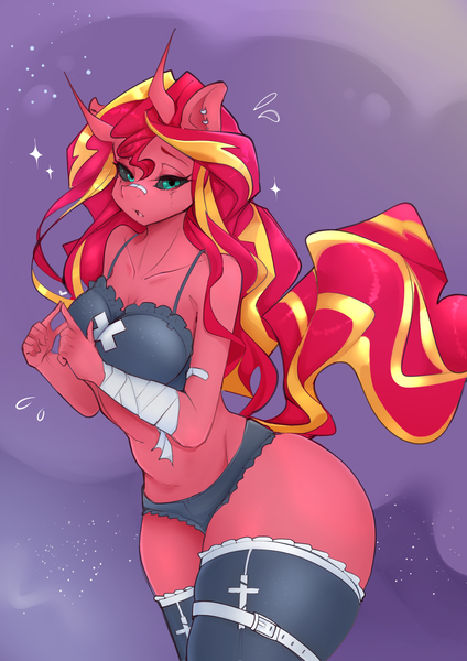 Size: 2157x3051 | Tagged: suggestive, artist:kamushek228, derpibooru import, sunset shimmer, anthro, bandage, black bra, black leggings, black underwear, bra, breasts, busty sunset shimmer, clothes, green eyes, image, injured, leggings, nose bandaid, png, purple background, simple background, sunset satan, underwear