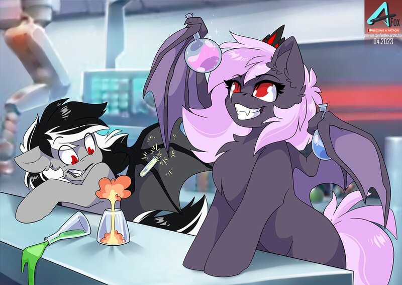 Size: 1100x778 | Tagged: safe, artist:arctic-fox, derpibooru import, oc, oc:sak, oc:stormdancer, unofficial characters only, bat pony, pony, bat pony oc, bat wings, chemistry, duo, image, jpeg, sakancer, this will end in pain, wings