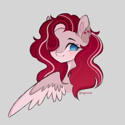 Size: 2936x2936 | Tagged: safe, derpibooru import, oc, oc:cherry heart, unofficial characters only, pegasus, blue eyes, bust, colored wings, ear piercing, earring, image, jewelry, jpeg, looking at you, one wing out, piercing, portrait, red mane, smiling, solo, two toned mane, two toned wings, wings